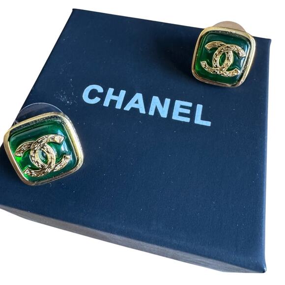Chanel Square Gold and Green Earrings with Box - Picture 1 of 6